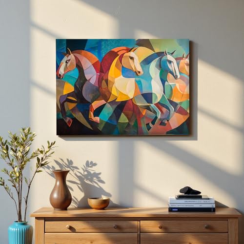 Image of Abstract Running Horses Vastu Stretched Canvas Painting For Living Room Vastu Horse Wall Art Painting Symbol of Energy, Progress & Harmony Wall Art for Home & Office, 12x16 Inch