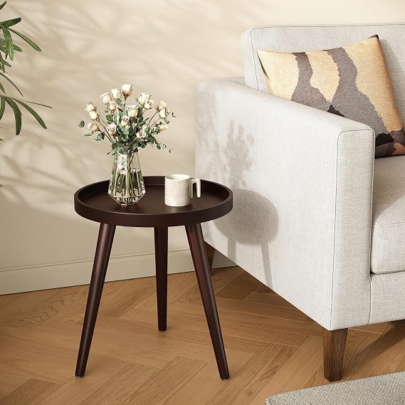 Image of Small Round Coffee Table, Modern Side Table with 3 Stable Legs, Multifunctional Sofa Side Table for Balcony Office (Full Brown)