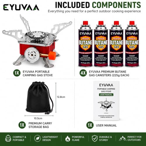 Image of EYUVAA LABEL Alloy Steel Portable Gas Stove for Travel with Butane Gas Cylinder, Folding Furnace Outdoor Camping Stove, Lightweight Gas Burner for Hiking and Emergency Use (Stove + 4 Butane Refill)