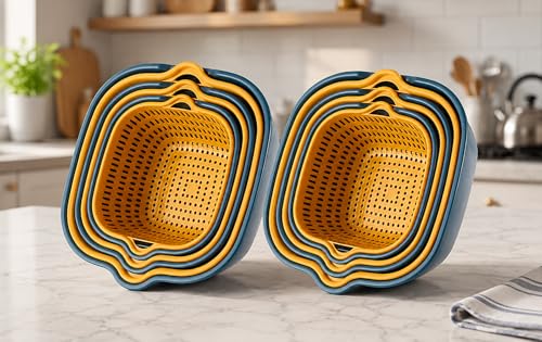 Image of 12-Piece Nesting Colander Basket Set - Space-Saving Square Plastic Strainers for Kitchen Use - Multi-Size Drain Baskets for Washing Fruits, Vegetables, Pasta - BPA-Free (Blue & Yellow)