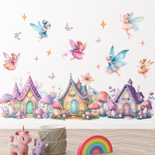 Amaonm Cartoon Princess Butterfly Girls Room Wall Decal Flower Angel with Rainbow Castles Wall Sticker DIY Peel and Stick Mushroom Wall Decor for Home...