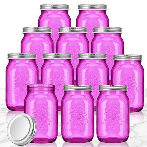 Pinkunn 12 Pcs Purple Mason Jars with Lids 34 oz