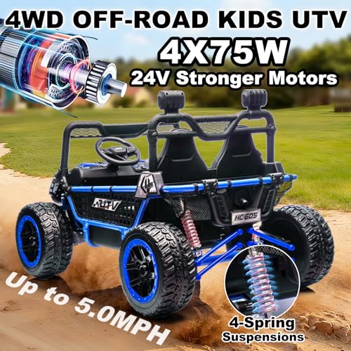 Image of NEWQIDA XXL 24V 2-Seater Kids UTV Ride on Toys for Big Kids with Remote Control, 4WD Off-Road Electric Ride On Car w /22″ Spacious Seat, Metal Frame, Spring Suspensions, EVA Rubber Tires, Music, Blue