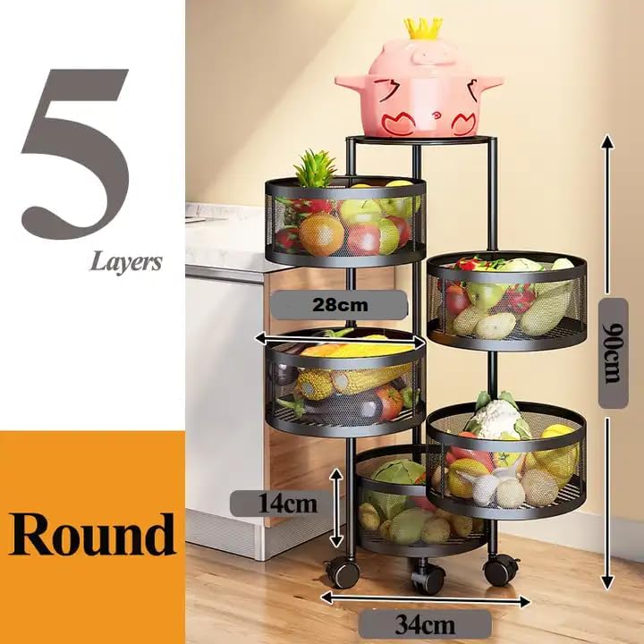 Image of MARKWELL Round Rotatable Kitchen Trolley with Wheels | Vegetable Fruit Onion Storage Rack | Multipurpose Metal Kitchen Organizer Stand | Matt Black (Round - 5 Layer)