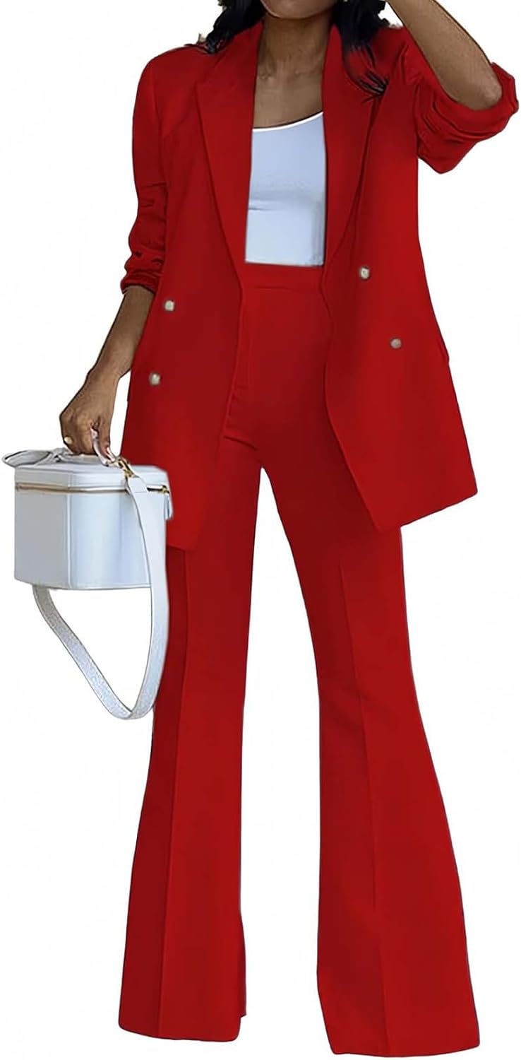 Womens Suits 2 Piece Set Business Casual Double Breasted Blazers Jacket Wide Leg Dress Pants Suits Casual Office Wear