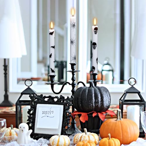 Image of GenSwin Flameless Taper Candles with Remote Timer, 6Pcs LED Flickering Taper Candles Battery Operated Real Wax with Spider Webs /Skull /Bats Decals for Halloween Spooky Decoration (White, 0.78 inchx9.65 inch)