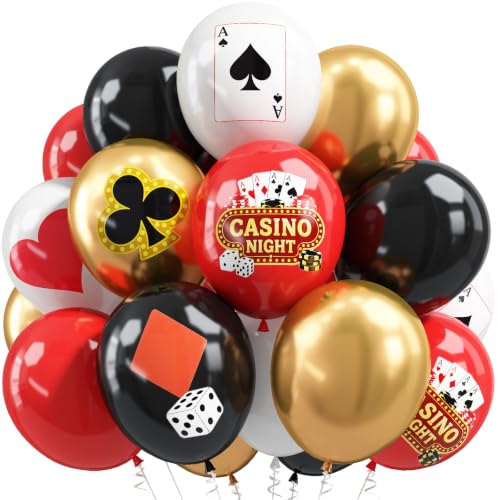 Image of HILAVO Casino Balloons 12 Inch Dice Poker Casino Theme Balloons Red Black Gold Poker Latex Party Balloon for Game Night Las Vegas Themed Birthday Party Decoration