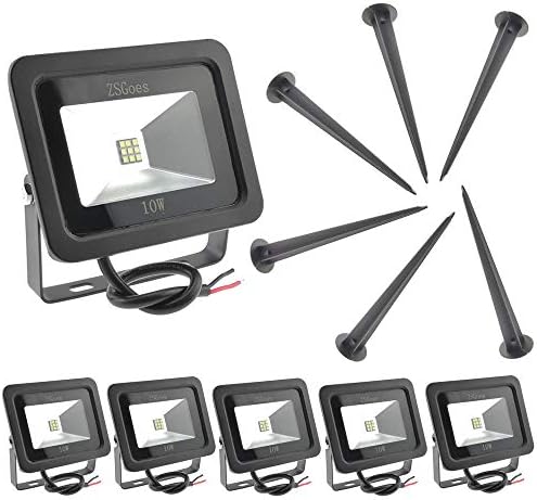 ZSGoes 6 Pack Cool White 10W LED Flood Light Outdoor Waterproof IP65, Wall Security Landscape Lamp, Home, Square, Yard, Garage, Street, Pathway, Spike Stand, Low Voltage 12V 24V 36V 48V 60V DC AC