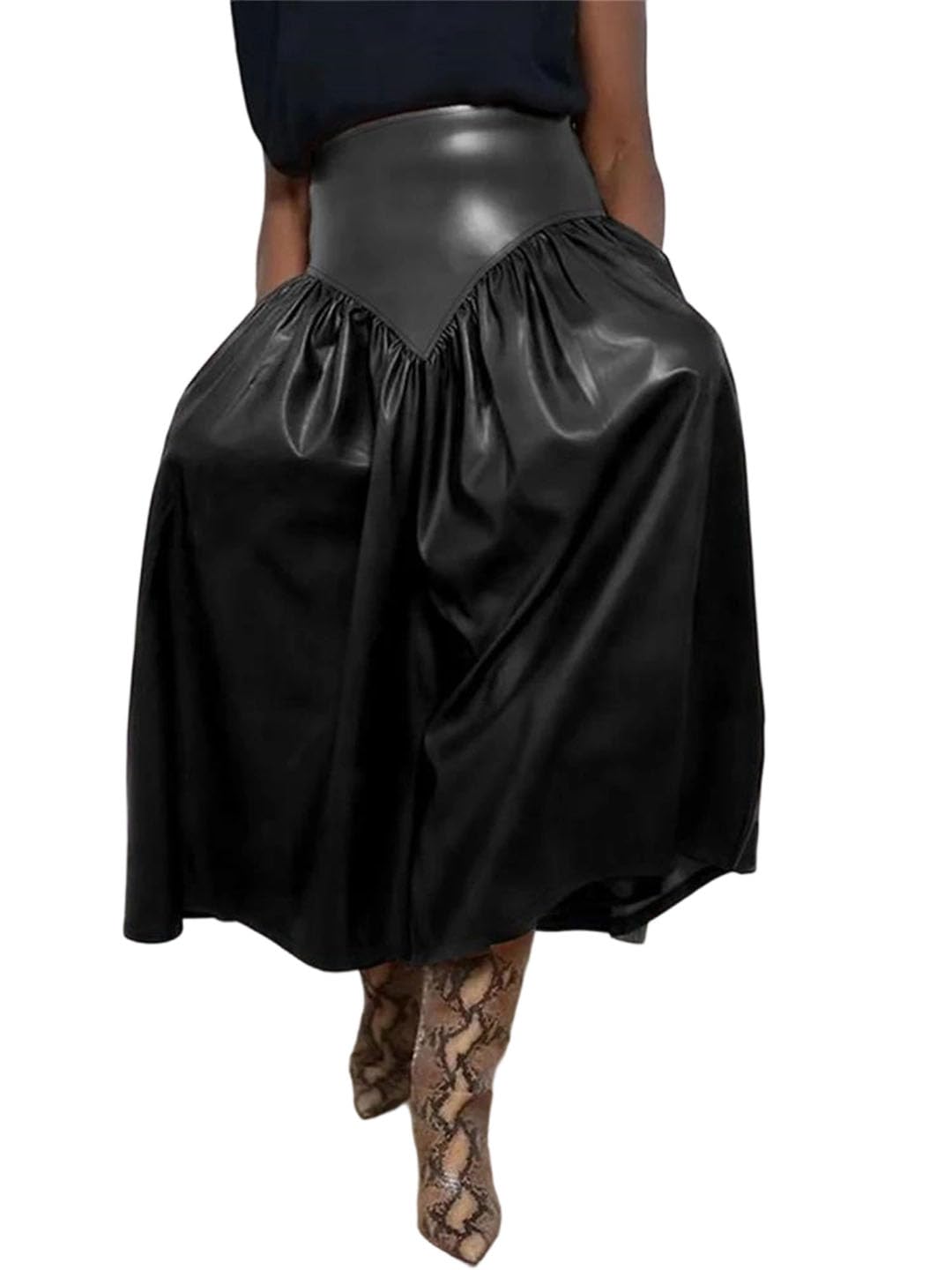Women Plus Size Leather A-Line Long Skirt High Waist Flared Design with Pockets Casual Style