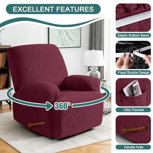 Image of Ruaozz Recliner Sofa Covers Recliner Chair Covers Recliner Covers for Reclining Chair with Pockets Washable Furniture Protector with Elastic Bottom (1 Seater, Wine)