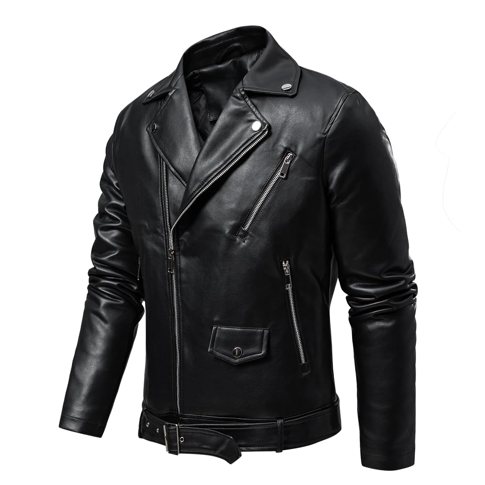 TONY BACKER - Giacca Pelle Uomo, Giubbotto da Biker in Ecopelle Con Cintura In Vita, Comoda Per la Guida, Chiodo Pelle Uomo Con Zip in Metallo e Tasca Interna