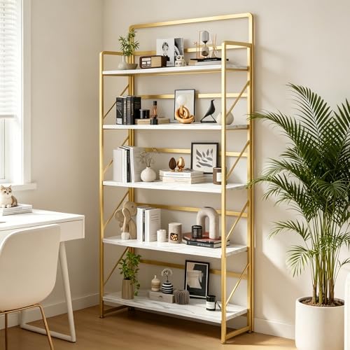 Image of JSB 6 Tier No Assembly Folding Bookshelf, 30.3 inch Wide Foldable Storage Bookcase for Home Office, Space-Saving Storage Shelf for Living Room (White&Gold)