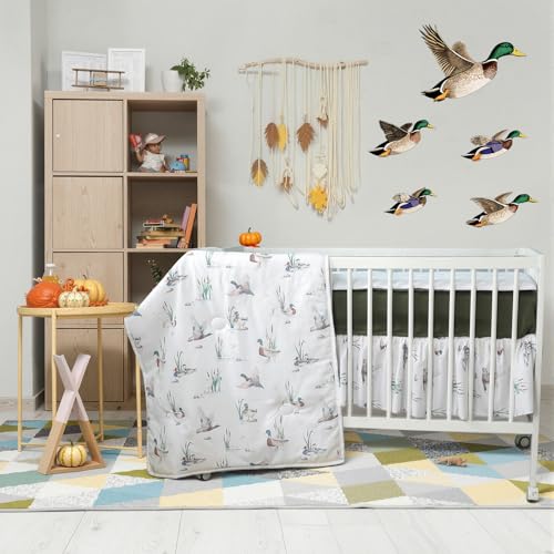Image of SmoothNovelty 5 Pcs Mallard Duck Crib Bedding Set Include Print Crib Sheets Bed Skirt Comforter Pad Cover Wall Stickers for Boys Girls Duck Nursery Room Decoration