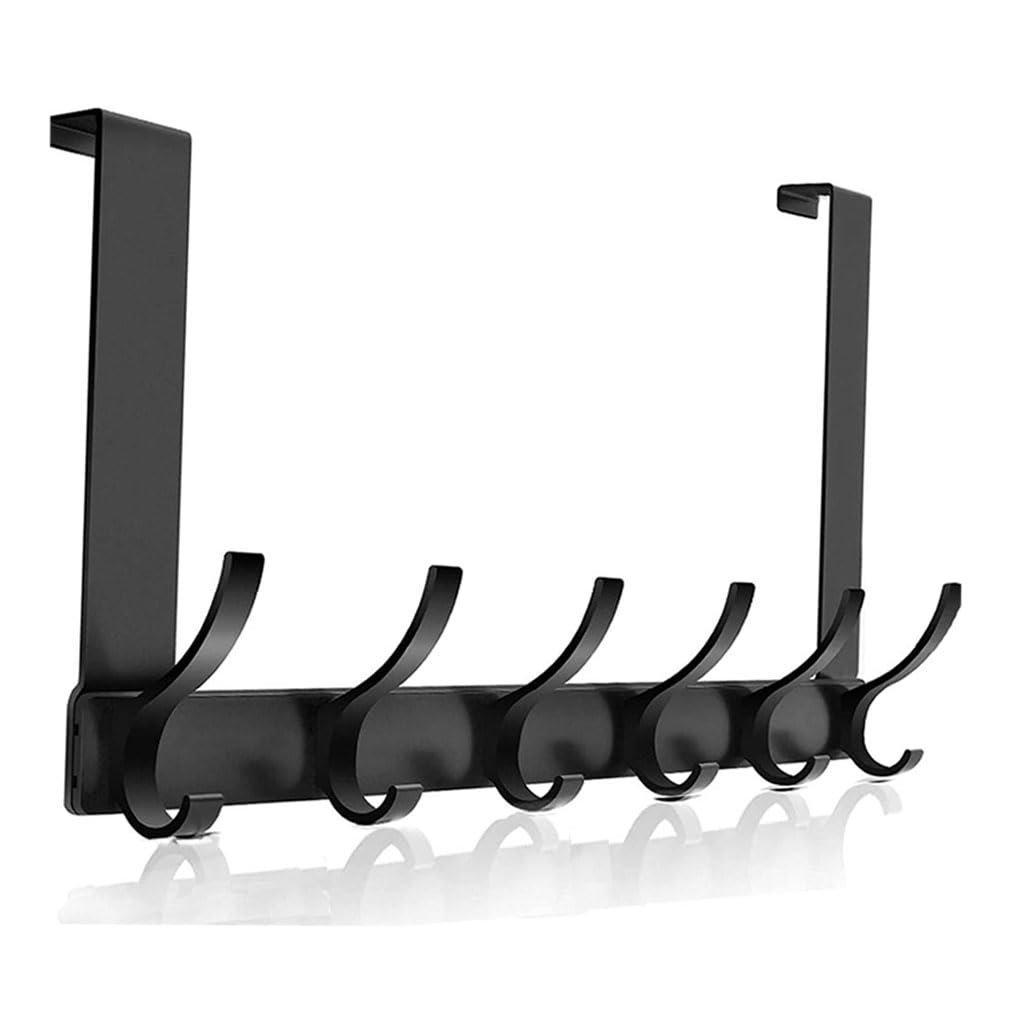 HUIBOHOU Over Door Hooks, Heavy Duty Aluminum Over Door Hanger, 6 Hooks for Coats Hats, Bags, Clothes, Towels (Black)