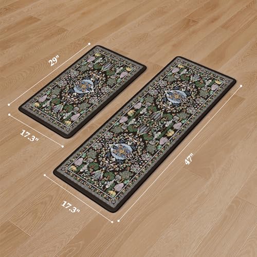 Image of KIMODE Anti Fatigue Polyvinyl Chloride Rectangular Kitchen Rugs /Mats for Floor 2 Piece,Black Vibrant Floral 17 inchx47 inch+17 inchx29 inch,Non Slip Waterproof,Standing Mat for Laundry Office Sink Desk
