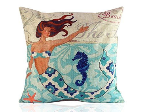 ME COO® Creative Cartoon Mediterranean Mermaid Printed Blend Square Hugging Pillow Cover Bedding Set Pillow case Wedding Kids Gift 18 Inches × 18 Inches 1Pcs (ME-BZ-130)