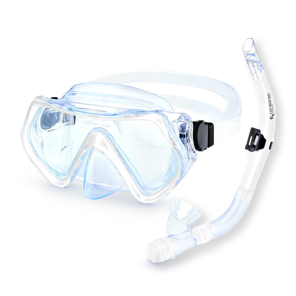 Two Bare Feet Adult PVC Snorkel & Mask Set – Anti-Fog Tempered Glass Diving Mask with Adjustable Snorkel for Snorkelling, Swimming & Scuba Diving (White)