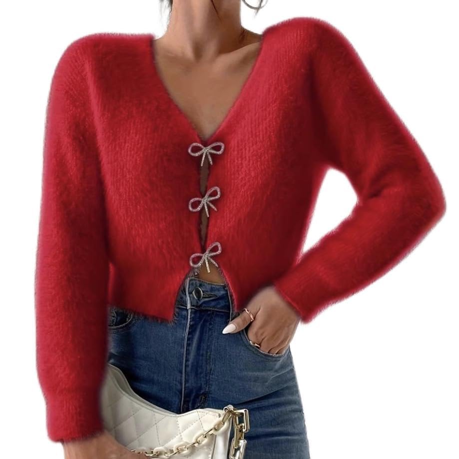 Women Cardigan Sweater Bow V Neck Cropped Sweaters Crop Top Fuzzy Cardigans for Women Chunky Knit Button Cardigan
