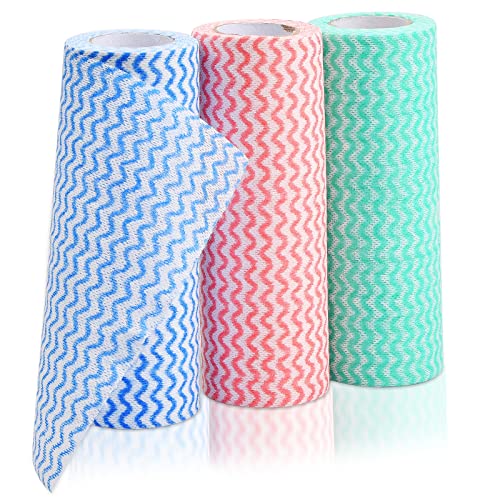 Anseom 3 Rollos de Paño de Limpieza Desechable, Reutilizable Tela no Tejida Multipropósito Trapos de Cocina Desechables De Cocina Paño de Cocina para la Limpieza del Hogar Azul/Rojo/Verde