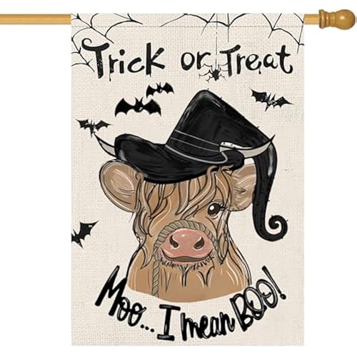Halloween Trick or Treat House Flag 28x40 Double Sided, Highland Cow Bat Large Garden Flags Garden Outside Decor, Holiday BOO Yard Flag Decorations for Home