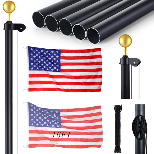 FuWeave Flagpoles for Outside House in Ground 16 ft Sectional Flag Pole Kit Extra Thick 16 Gauge Heavy Duty Aluminum Flag Pole with Gold Ball Top for Residential or Commercial (Black)