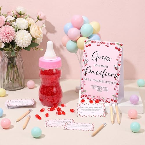 Image of Roowest 512 Pcs Baby Shower Games Guess How Many Pacifiers Sign 100 Small Guessing Games 10 HB Pencils 750ml Milk Bottle 400 Acrylic Pacifiers Decoration for Guest Gender Reveal (Pink,Cherry)