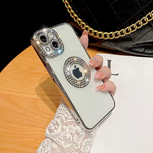 LMEIL Logo Hole Bling Strass pour iPhone 12 14 Plus 13 Pro Max Coque Glitter Diamant Luxe pour iPhone 14 11 13 Pro Max Couverture Souple,Argent,pour iPhone 14ProMax