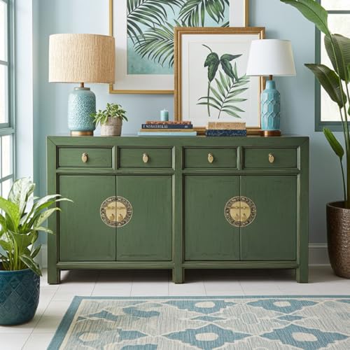 OPIUM OUTLET Commode chinoise Asia Buffet Buffet Armoire de mariage Vintage Style colonial Shabby Chic Vert olive