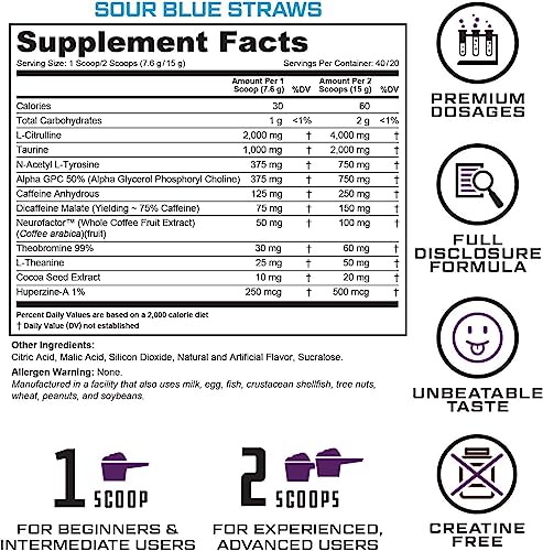 Image of Prevail Pre Workout Powder with Nootropics: Best Pre Workout for Men and Women, Cutting Edge Energy and Focus Supplement with L Citrulline, Alpha GPC, L Tyrosine | Sour Blue Razz, 40 Scoops