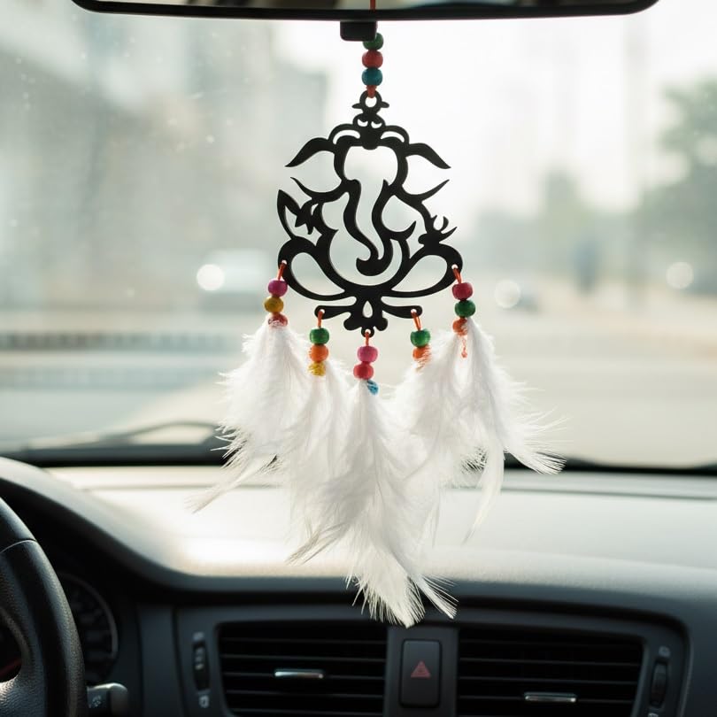 4 Inch Hand Painted Wooden Ganesha Dream Catcher for Car | Ganpati Rear View Mirror Hanging | Vastu Positive Energy Car Accessory | Spiritual Decor | Gift Item (Ganesha Black)-picture-32