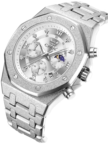 Image of OPK Men Analog Automatic Watches Waterproof Multifunction Chronograph Diamond Moon Phase Luminous Stainless Steel Band Wrist Watches