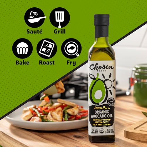 Image of Chosen Foods Organic Avocado Oil, 16.9 Fl Oz - All Purpose Cooking Oil made from 100% Pure Avocados - Non-GMO, Gluten-Free, Keto Friendly, Glyphosate Free - 500mL (Pack Of 1)