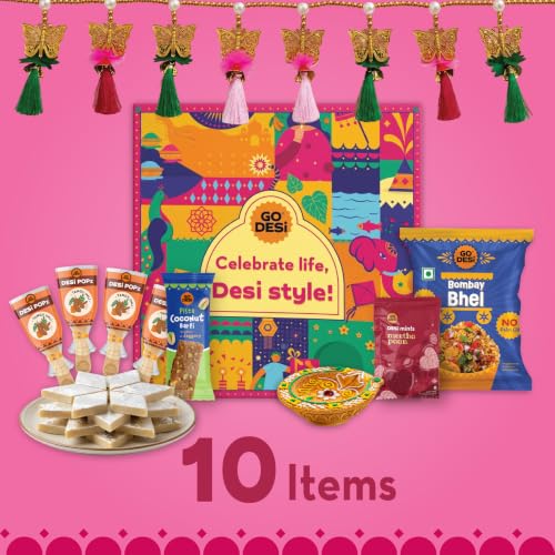 Image of GO DESi Fun Diwali Gift Box | Toran | Mud Diya | Kaju Katli | DESi POPz | Meetha Paan | Coconut Burfi | Bombay Bhel | Diwali Gifts for Family and Friends | Diwali Gift Hampers |