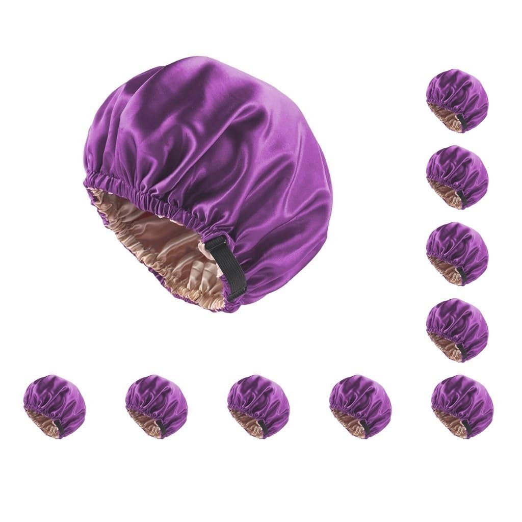 Gorro de satén de seda para dormir de noche para cabello natural rizado morado, Juego de 10 (morado), 8