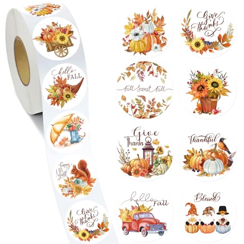 Dazoratix Fall Harvest Stickers Roll - 1000 Pcs Watercolor Pumpkin Sunflower Maple Leaf Stickers Decals Vintage Fall Stickers Roll with 12 Designs for Thanksgiving Party Scrapbook Favor Label Decor