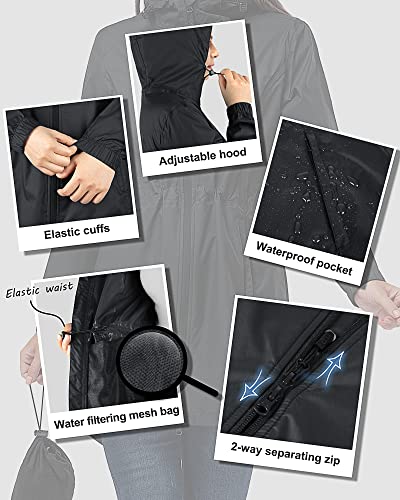 33,000ft Damen Dünne Wasserdichte Faltbar Regenmantel Regenjacke mit Kapuze, Leicht Atmungsaktive Travel Regenponcho, Lange Windbreaker Jacke für Frauen