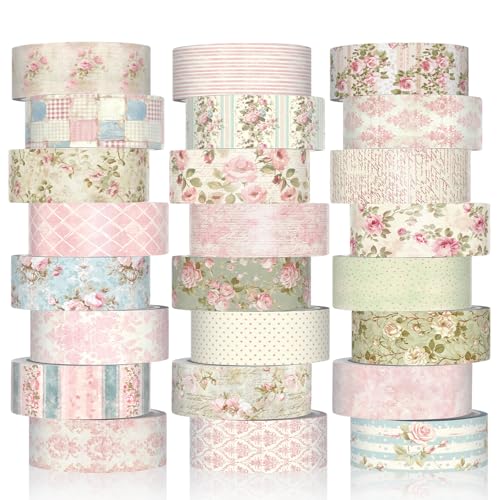 Gueevin 24 Rolls Watercolor Floral Washi Tape Set 15 mm Seasonal Flower Decorative Washi Tape for Craft Arts DIY Scrapbook Journaling Supplies Gift Wrapping (Vintage)