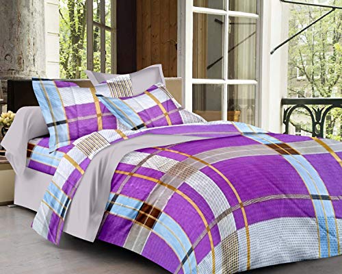 Image of Trance Home Linen Abstract Design 200 TC 100% Cotton Printed Double Bedsheet | Bedding set of King Size Flat Bed Spread / Bed Cover with 2 Pillow Covers (108x108 inch | 9ft x 9ft - Purple White Mustard Abstract)