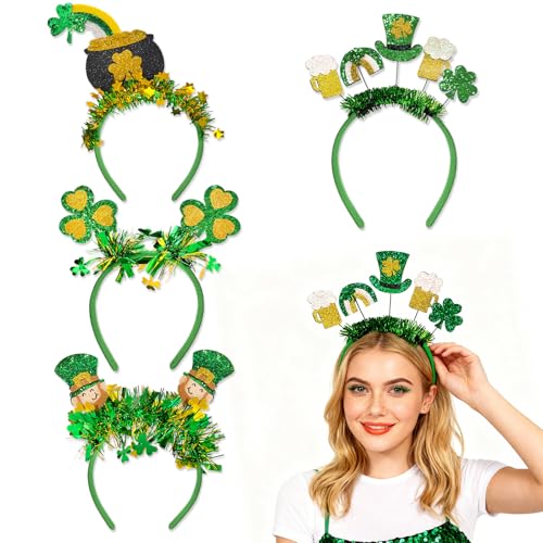 Womylufy St Patricks Day Headbands 1/3/4 Pack Glitter Shamrock Irish Green Headband Hair Accessories for Women Girls (4)