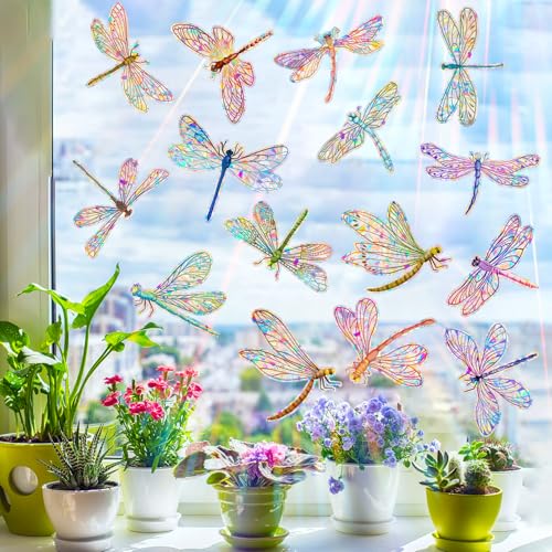 Suplanet Dragonfly Window Clings for Glass Windows, Bird Anti Collision Window Stickers for Birds, Window Decals to Prevent Bird Strikes, Non Adhesive Window Prism, Sun Catchers Indoor Window