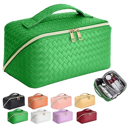 ZAUKNYA Makeup Bag – Large Capacity Travel Cosmetic Bag, Portable Leather Waterproof Women Travel Makeup Bag Organizer, with Handle and Divider Flat Lay Checkered Cosmetic Bags (Green)