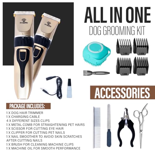 Image of kpl Bougiepaw Dog Clippers For Grooming | 12 Pcs Set | Low Noise | Rechargeable | Professional Pet Grooming Kit for Pets | Dog Shaver Clippers