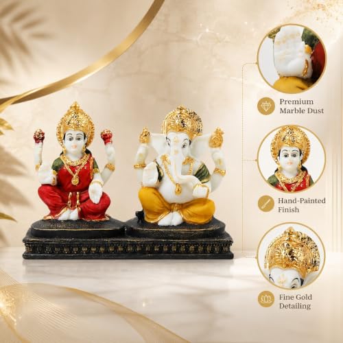 Image of ARMONIA Premium Laxmi Ganesha Idol for Home Decor & Pooja | 4.7 Inch Handmade Ganesh Murti | Marble Finish Polystone Lakshmi Ganpati Statue for Mandir, Office | Best Gift for Wedding & Housewarming