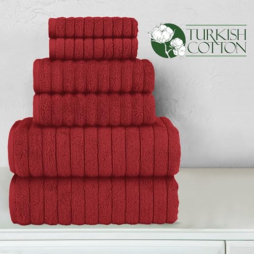 Image of Elegant Comfort 100% Turkish Cotton Corduroy Ribbed Luxury Bath Towels 6-Piece Set, Premium Feel - Quick Dry, Highly Absorbent, Contains 2 Bath Towels, 2 Hand Towels, and 2 Washcloths, Burgundy