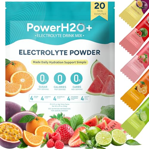 PowerH2O+ Electrolytes Powder Packets, 20 Sticks Hydration Packets Sugar Free, Electrolyte Drink Mix Travel Electrolyte Packet for Rapid Hydration (0.21 Ounce (Pack of 20), Variety Pack)