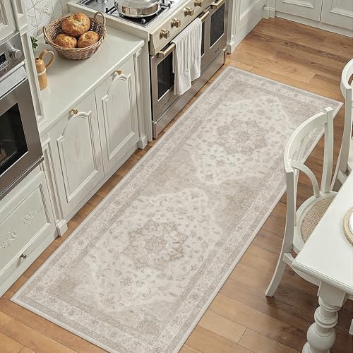 PureCozy Beige Runner Rug 2x6 Washable Vintage Long Carpet for