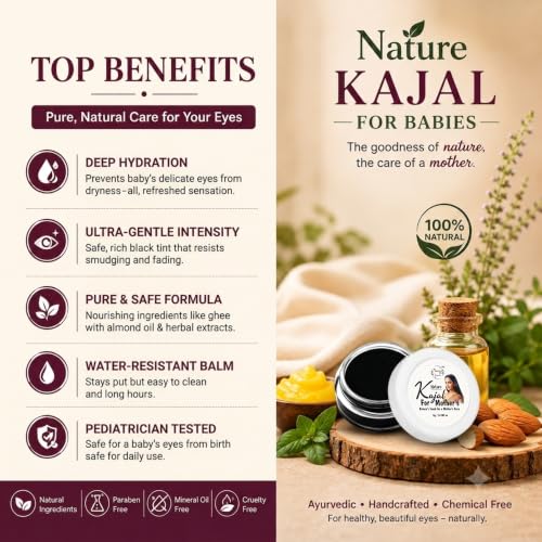 Image of Nature's Kajal for mothers | 100% Natural & Chemical-Free | Dermatologically Tested Safe for Sensitive Eyes | Ayurvedic Formula with Desi Cow Ghee & Herbal Oils | Smudge Resistant & Long Lasting | 8g (Pack of 2)