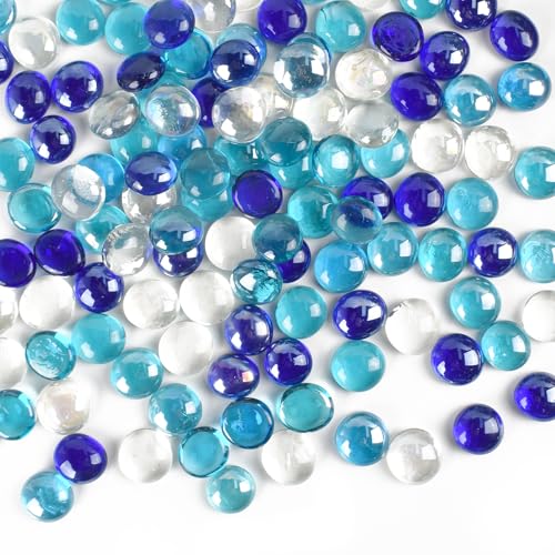 HUIANER Round Glass Pebbles 1LB/450g, Flat Stone Marbles Table Scatter Gems for Vase Filler Aquarium Decor Garden Decoration (Dark Blue, Light Blue and Clean)