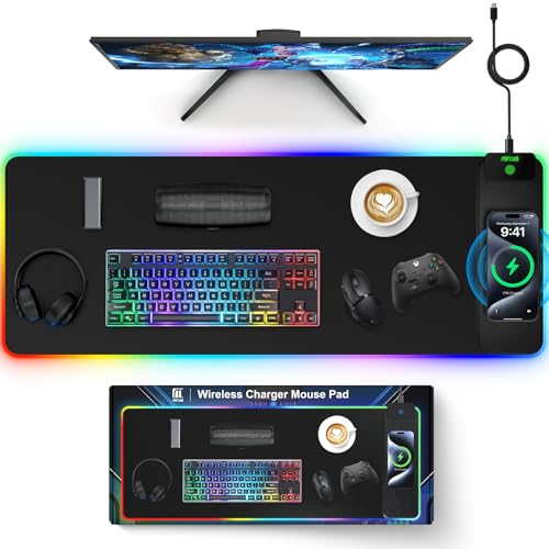 Image of Magnetic Charging Mouse Pad, 31.5x11.81 Inch XL Gaming Mousepad, 11+5 RGB Lighting Modes, Home Office Large Desk Pad with Ultra-Smooth Surface, Non-Slip, Waterproof Keyboard Pad Classic Black Desk Mat