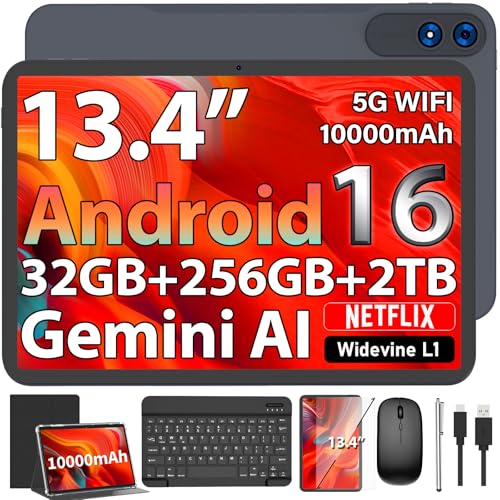 Image of 13 Inch Tablet, 2026 Android 16 Tablet with Keyboard, 32GB+256GB+2TB Expand, Gemini AI Tablets PC with 8-Core, 10000mAh, 120Hz 1920x1200 Display, 2 in 1 Large Tablets with Case, Mouse, Stylus(Black)